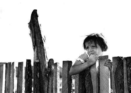 Pie Town, New Mexico.  A community settled by about 200 migrant Texas and Oklahoma farmers who have filed homestead claims.  Josie Caudill looking over slab fence on her father's farm, 1940  Silver gelatin print  Russell Lee 